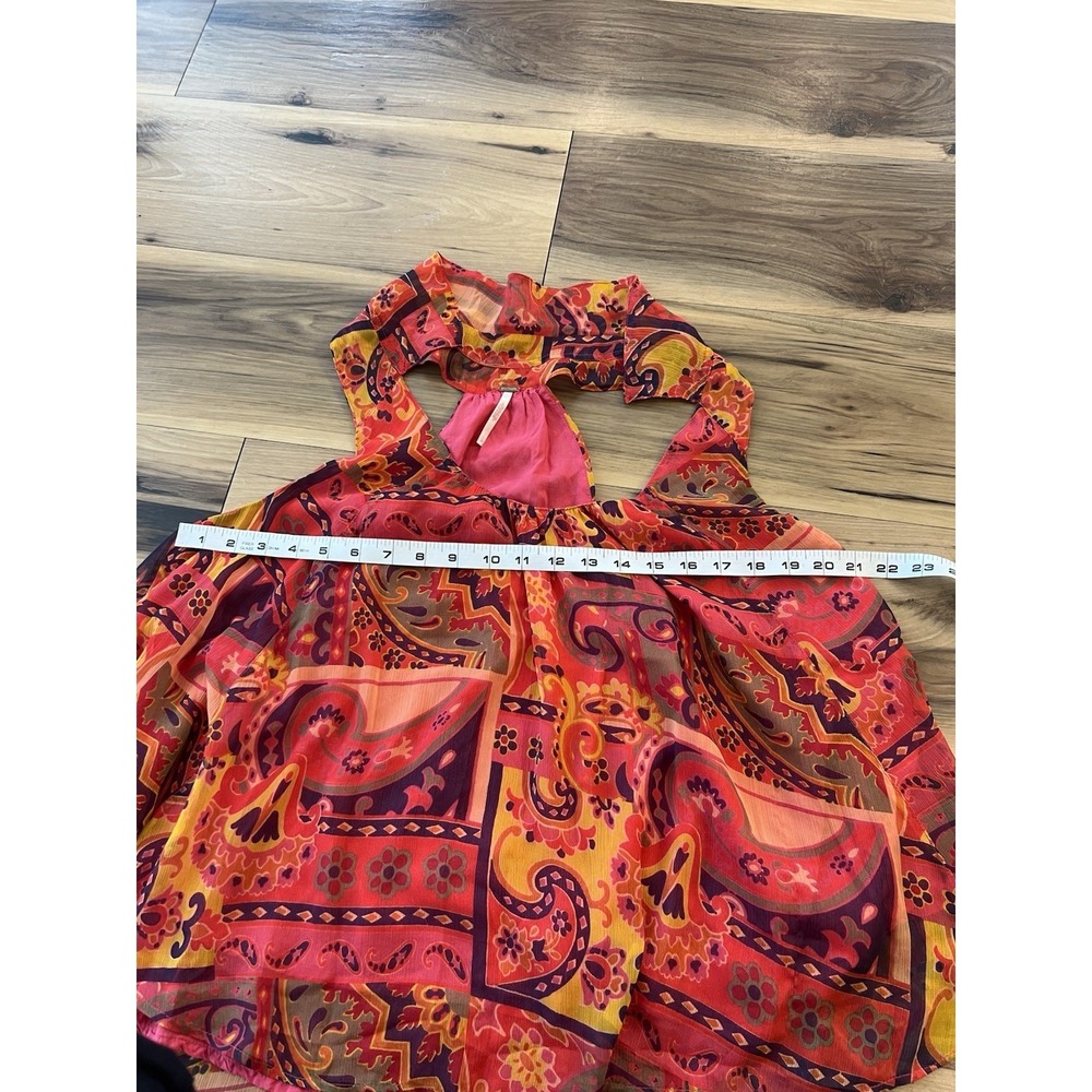 Free People Paisley Halter Tank Top Boho Festival Tie Neck Pink Orange Size L - Picture 7 of 8